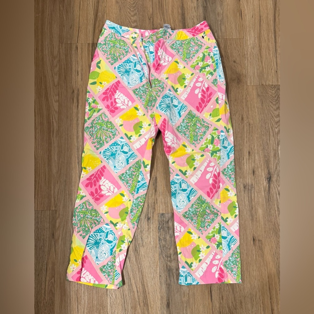 Lilly Pulitzer Capri Pants – Pink Lemon Patchwork, Size 6, Preppy Coastal